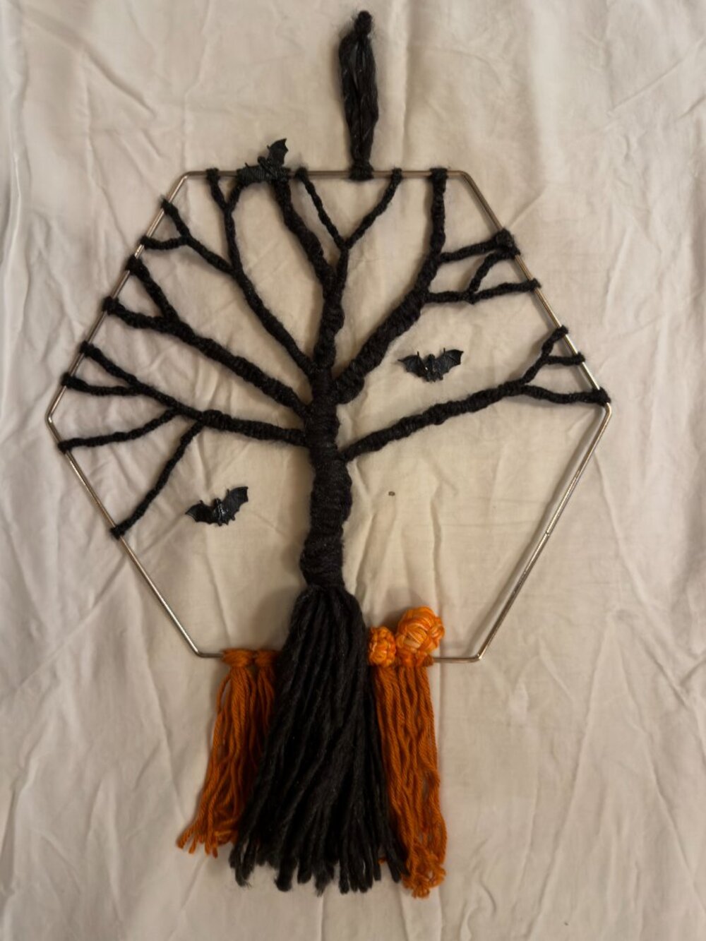 12" Hexagon Boho Macrame Black & Orange Halloween Tree of Life Pumpkins & Bats